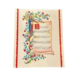 Vintage 40s 50s Rynart Christmas Card Silent Night Scroll Angel Retro Ephemera